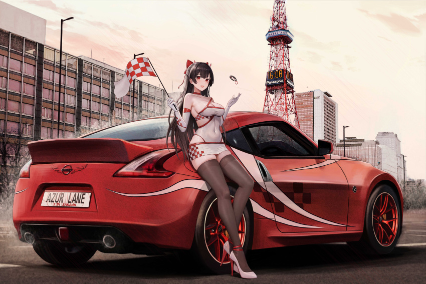 :d absurdres azur_lane black_hair breasts building car car_keys character_name checkered_flag city cityscape cleavage commentary copyright_name covered_navel elbow_gloves exhaust female flag full_body gloves grey_thighhighs hands_up high_heels highres holding holding_flag horns kcar66t large_breasts legs leotard license_plate long_hair looking_at_viewer motor_vehicle nissan nissan_370z nissan_fairlady_z oni_horns open_mouth outdoors panasonic_corporation race_queen red_eyes sakawa_(azur_lane) sapporo_(city) sapporo_tv_tower shadow skyscraper smile solo sports_car strapless thighhighs tower white_footwear white_gloves