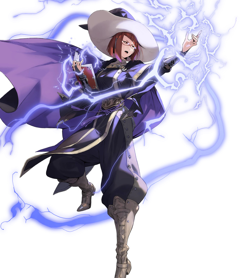 book boots breasts bridal_gauntlets brown_eyes brown_hair cape female fire_emblem fire_emblem_awakening fire_emblem_heroes full_body glasses hair_ornament hat highres hirooka_masaki holding holding_book knee_boots lightning long_sleeves looking_away medium_breasts miriel_(fire_emblem) non-web_source official_art open_mouth pants pants_tucked_in pelvic_curtain semi-rimless_eyewear short_hair solo tied_hair transparent_background turtleneck wizard_hat