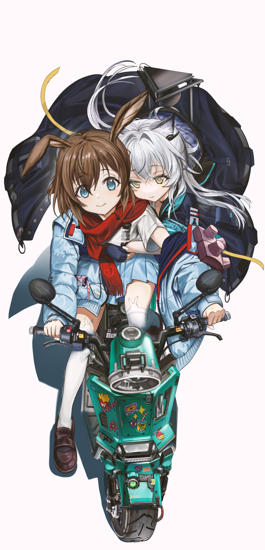 2girls absurdres amiya_(arknights) amiya_(fresh_fastener)_(arknights) animal_ears arknights blue_eyes blush brown_hair cat_ears cat_girl cloak closed_mouth commentary_request earpiece fingerless_gloves gloves green_eyes highres hood hood_down hooded_cloak hug hug_from_behind jacket loafers long_hair miniskirt motor_vehicle motorcycle multiple_girls official_alternate_costume rabbit_ears rabbit_girl red_scarf rhodes_island_logo_(arknights) riding rosmontis_(arknights) scarf shoes simple_background skirt thighhighs veerinly white_background white_hair