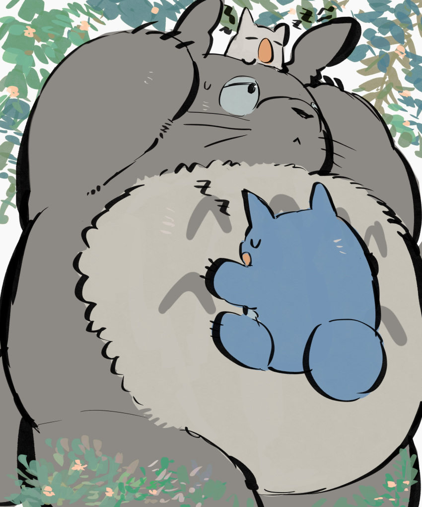 2020 absurd_res ambiguous_gender anthro belly blue_body blue_fur bodily_fluids buta5kawa chibi_totoro chu_totoro closed_eyes fur ghibli grey_body grey_fur group hi_res hug kemono mammal my_neighbor_totoro overweight sleeping sweat totoro