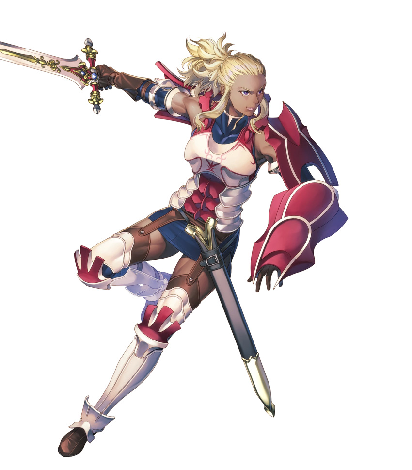 armor armored_boots bare_shoulders blonde_hair boots breastplate closed_mouth covered_collarbone dark_skin dress elbow_pads female fire_emblem fire_emblem_awakening fire_emblem_heroes flavia_(fire_emblem) gloves highres holding holding_sword holding_weapon leg_up lips long_hair looking_at_viewer non-web_source official_art purple_eyes sheath short_dress shoulder_armor sidelocks skirt sleeveless smile solo sword thighhighs tied_hair transparent_background turtleneck weapon yoneko_okome zettai_ryouiki