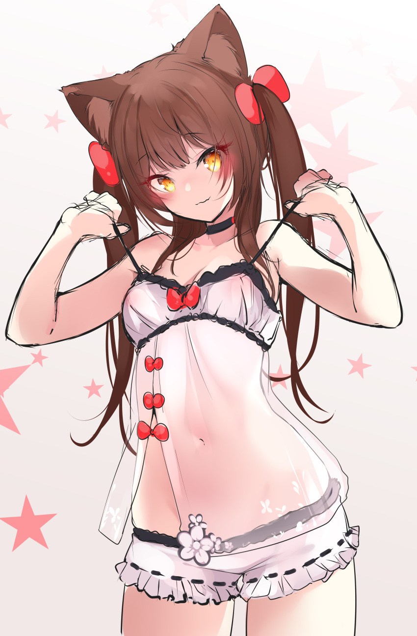 absurdres animal_ear_fluff animal_ears bare_arms bare_shoulders black_choker blush bow breasts brown_hair choker closed_mouth collarbone commentary covered_nipples effiez_(vtuber) female gradient_background grey_background hairbow hands_up highres indie_virtual_youtuber kana616 lifting_own_clothes long_hair looking_at_viewer navel red_bow ribbon-trimmed_shorts ribbon_trim see-through short_shorts shorts small_breasts smile solo spanish_commentary starry_background strap_lift twintails very_long_hair virtual_youtuber white_shorts yellow_eyes