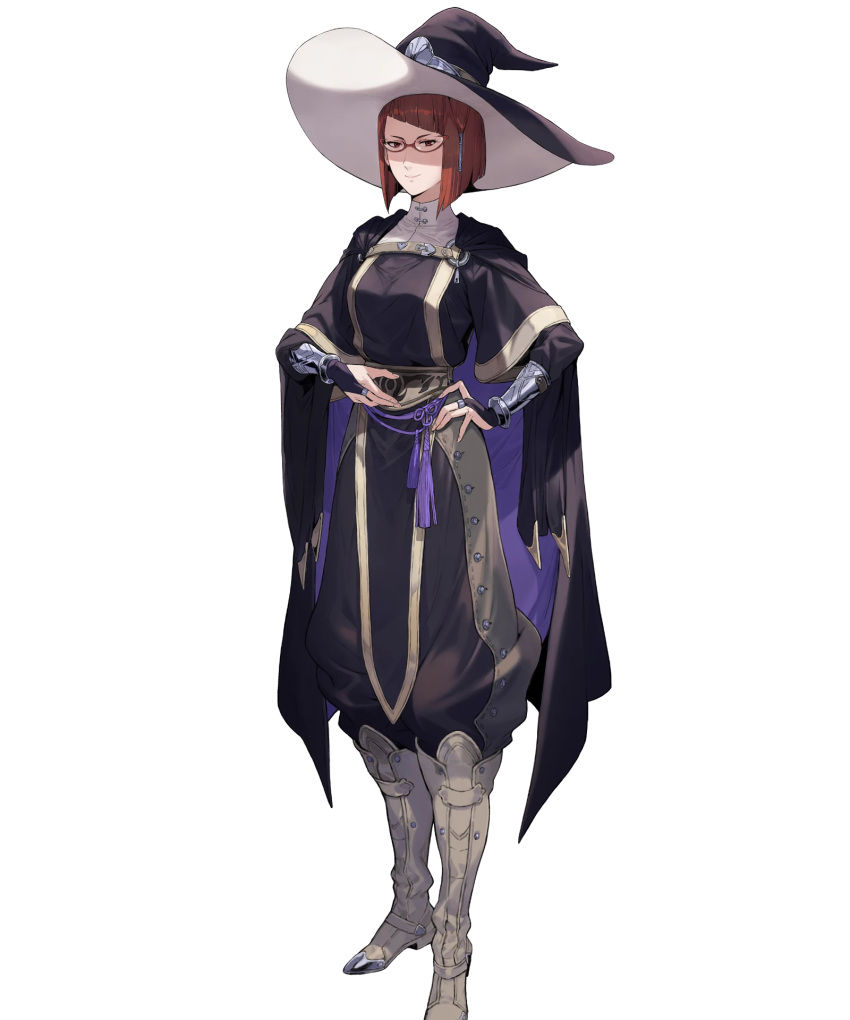 boots breasts bridal_gauntlets brown_eyes brown_hair cape closed_mouth female fire_emblem fire_emblem_awakening fire_emblem_heroes full_body glasses hair_ornament hand_on_own_hip hat highres hirooka_masaki knee_boots long_sleeves looking_at_viewer medium_breasts miriel_(fire_emblem) non-web_source official_art pants pants_tucked_in pelvic_curtain semi-rimless_eyewear short_hair smile solo standing tied_hair transparent_background turtleneck wizard_hat