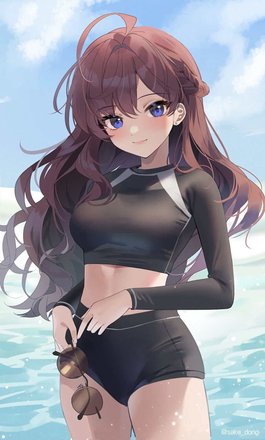 ahoge bangs banned_artist black_swimsuit blue_eyes blue_sky blush breasts brown_hair female hair_between_eyes highres ichinose_shiki idolmaster idolmaster_cinderella_girls long_hair looking_at_viewer sake_dong sky solo standing sunglasses swimsuit water