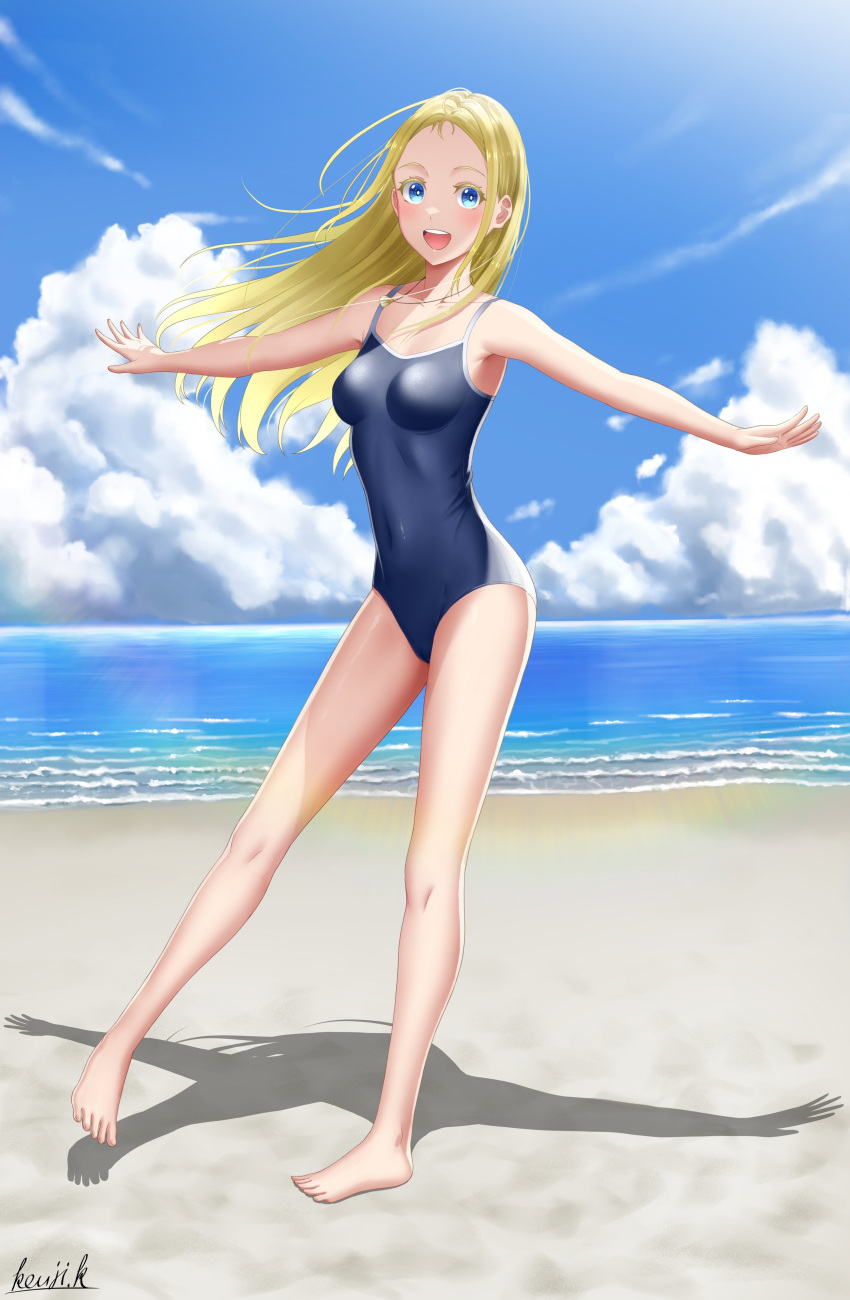 absurdres barefoot beach blonde_hair blue_eyes blue_one-piece_swimsuit blue_sky cloud competition_school_swimsuit day female full_body highres horizon jewelry kayama_kouji kofune_ushio long_hair necklace ocean one-piece_swimsuit open_mouth outdoors outstretched_arms round_teeth school_swimsuit shadow shell shell_necklace signature sky solo summertime_render swimsuit teeth upper_teeth_only very_long_hair