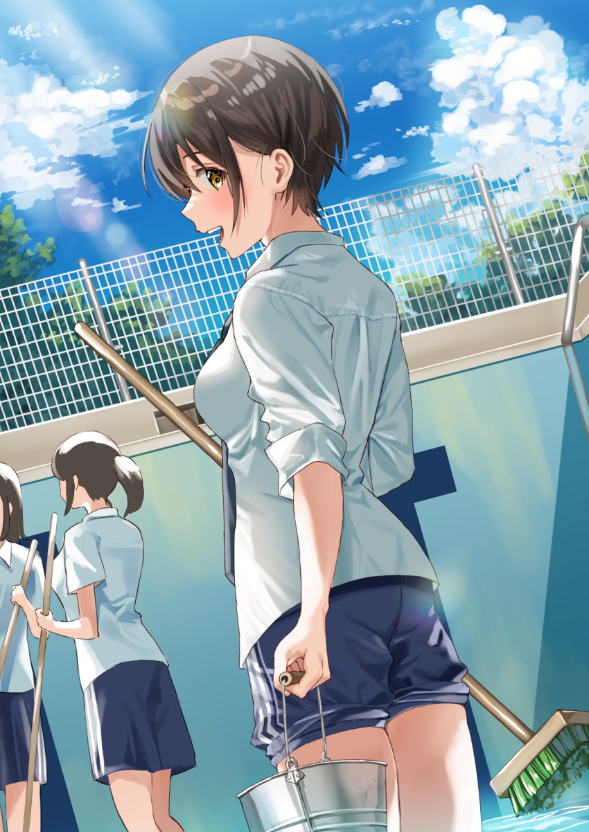 3girls :d blouse blue_pants blush broom brown_eyes brown_hair bucket collared_shirt cowboy_shot empty_pool from_side highres holding holding_broom holding_bucket holding_mop kukiha looking_to_the_side mop multiple_girls original outdoors pants ponytail pool shirt short_hair short_sleeves sleeves_rolled_up smile solo_focus track_pants white_shirt