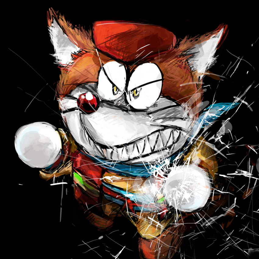 1:1 2016 angry anthro black_background brown_body brown_fur canid canine canis clothed clothing dora-nichov doraemon ears_up fur hat headgear headwear hi_res machine male mammal mt_tg red_nose robot scarf shaded sharp_teeth simple_background snout solo teeth the_doraemons whiskers wolf