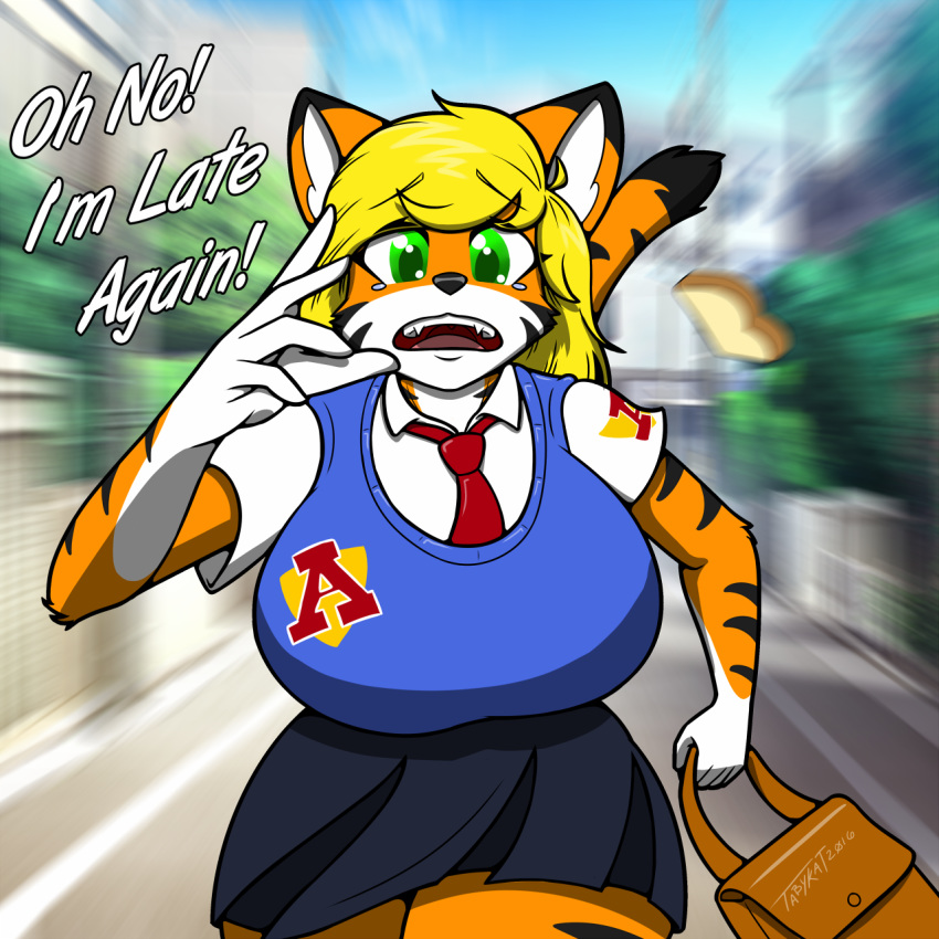 1:1 anthro big_breasts breasts clothing dialogue english_text felid female hair hi_res mammal necktie pantherine school_uniform solo tabykat tabytha_starling text tiger uniform