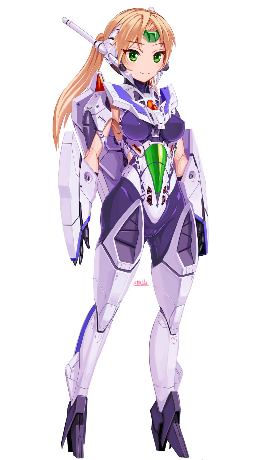 absurdres blonde_hair breasts covered_nipples female green_eyes highres long_hair macross macross_2 mecha_musume medium_breasts michi_kuso personification smile solo standing tied_hair vf-2ss