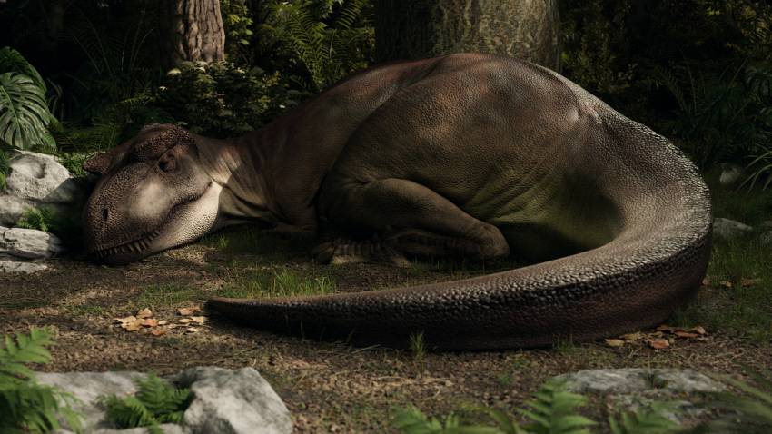 16:9 2022 3d_(artwork) 4k absurd_res albertosaurus ambiguous_gender brown_body brown_scales claws closed_eyes detailed_background digital_media_(artwork) dinosaur extinct feral grass hi_res ivorylagiacrus lying on_ground outside plant prehistoric_species reptile scales scalie sharp_teeth sleeping solo teeth theropod toe_claws tree tyrannosaurid tyrannosauroid widescreen