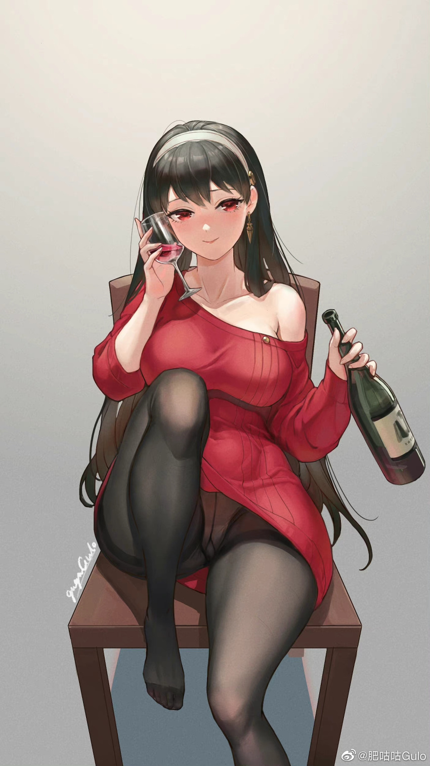 absurdres alcohol black_hair black_pantyhose breasts chair closed_mouth commentary_request covered_navel crotch_seam cup dress drinking_glass fatgulofei_gu female gradient_background grey_background gusset hairband highres large_breasts leg_up long_hair looking_at_viewer no_shoes off-shoulder_sweater off_shoulder panties panties_under_pantyhose pantyhose red_eyes signature simple_background sitting smile solo spy_x_family sweater sweater_dress thighband_pantyhose underwear wine_glass yor_briar