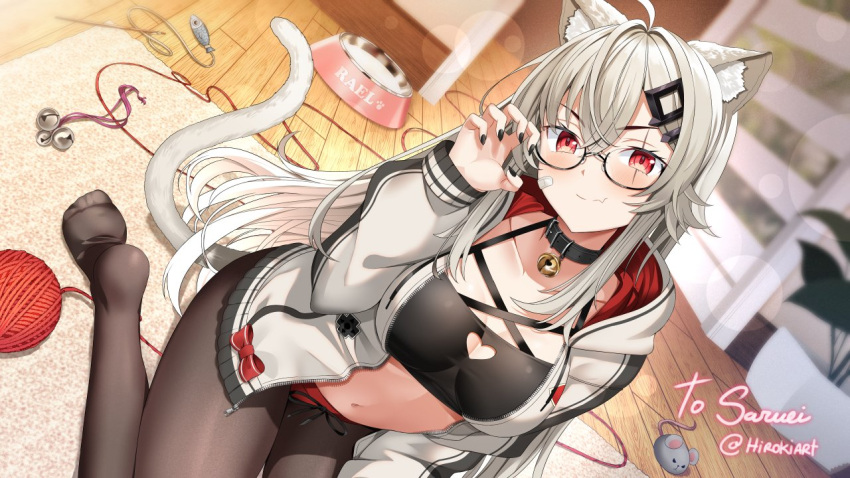 animal_ears bandaid bandaid_on_face bell black_nails black_pantyhose blush bowl breasts carpet cat_ears cat_girl cat_tail cat_teaser collar commentary commission english_commentary fang_out female glasses grey_hair hair_ornament hiroki_(hirokiart) indie_virtual_youtuber indoors jacket jingle_bell kneeling large_breasts long_hair looking_at_viewer mouse_(animal) navel neck_bell nervous oerba_yun_fang open_clothes open_jacket pantyhose pet_bowl plant red_eyes saruei_(vtuber) scar scar_across_eye scar_on_face short_shorts shorts sitting smile solo tail thread virtual_youtuber wariza