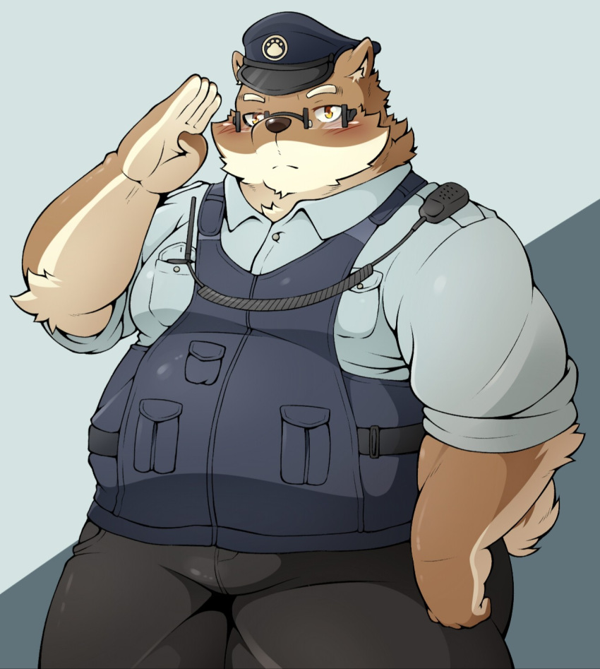 2020 anthro belly blush bottomwear canid canine canis clothing domestic_dog eyewear glasses hat headgear headwear hi_res kemono male mammal overweight overweight_anthro overweight_male pants police pomupomu490 shirt solo topwear