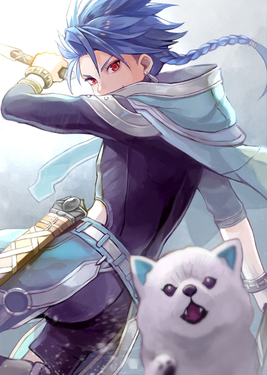 1boy angry animal asymmetrical_bangs belt blue_hair blurry bodysuit bodysuit_under_clothes bracelet braid braided_ponytail canine capelet clothing_cutout cu_chulainn_(fate) dagger depth_of_field earrings fangs fate/grand_order fate/grand_order_arcade fate_(series) floating_hair grin highres hood hood_down hooded_capelet jewelry knife lolicon long_hair looking_at_viewer male_focus moguta_(moguta9) puppy red_eyes samoyed_(dog) scabbard setanta_(fate) sheath skin_tight smile spiked_hair thigh_cutout weapon