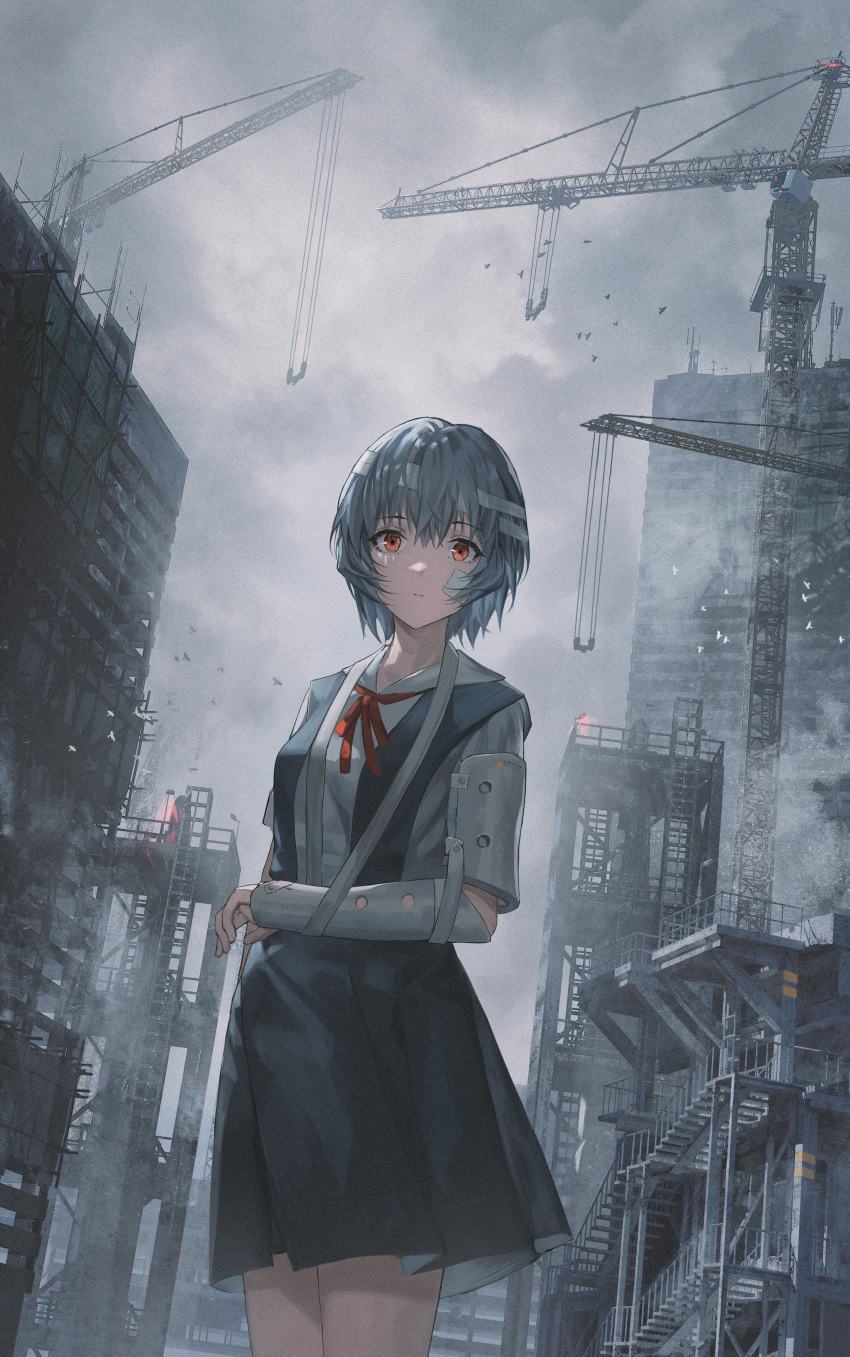 absurdres ayanami_rei bandage_on_face bandaged_head bandages bangs bird blue_dress blue_hair breasts building cast cityscape closed_mouth cloud cloudy_sky cowboy_shot crane_(machine) dress dress_shirt expressionless female fog hair_between_eyes highres homutan_(syjg2733) injury looking_at_viewer medium_breasts neck_ribbon neon_genesis_evangelion outdoors pinafore_dress red_eyes red_ribbon ribbon school_uniform shirt short_hair short_sleeves sky sling solo stairs standing tower white_shirt wind