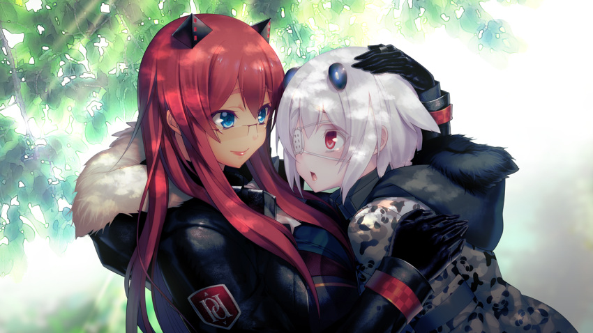 2girls black_coat black_gloves blue_eyes coat con_su eyepatch floating_hair game_cg gloves headgear hood hooded_coat kibanohara_ethica long_hair long_sleeves multiple_girls oosaki_shin'ya petting red_eyes red_hair short_hair sunlight tokyo_necro upper_body very_long_hair white_hair