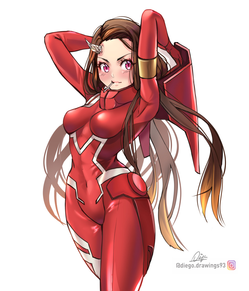 absurdres alternate_costume armpits arms_up blush bodysuit breasts brown_hair cosplay cowboy_shot darling_in_the_franxx female highres horns instagram_username kamado_nezuko kerana_art kimetsu_no_yaiba long_hair medium_breasts mouth_hold pink_eyes red_bodysuit signature simple_background single_horn solo spoilers very_long_hair white_background zero_two_(darling_in_the_franxx) zero_two_(darling_in_the_franxx)_(cosplay)