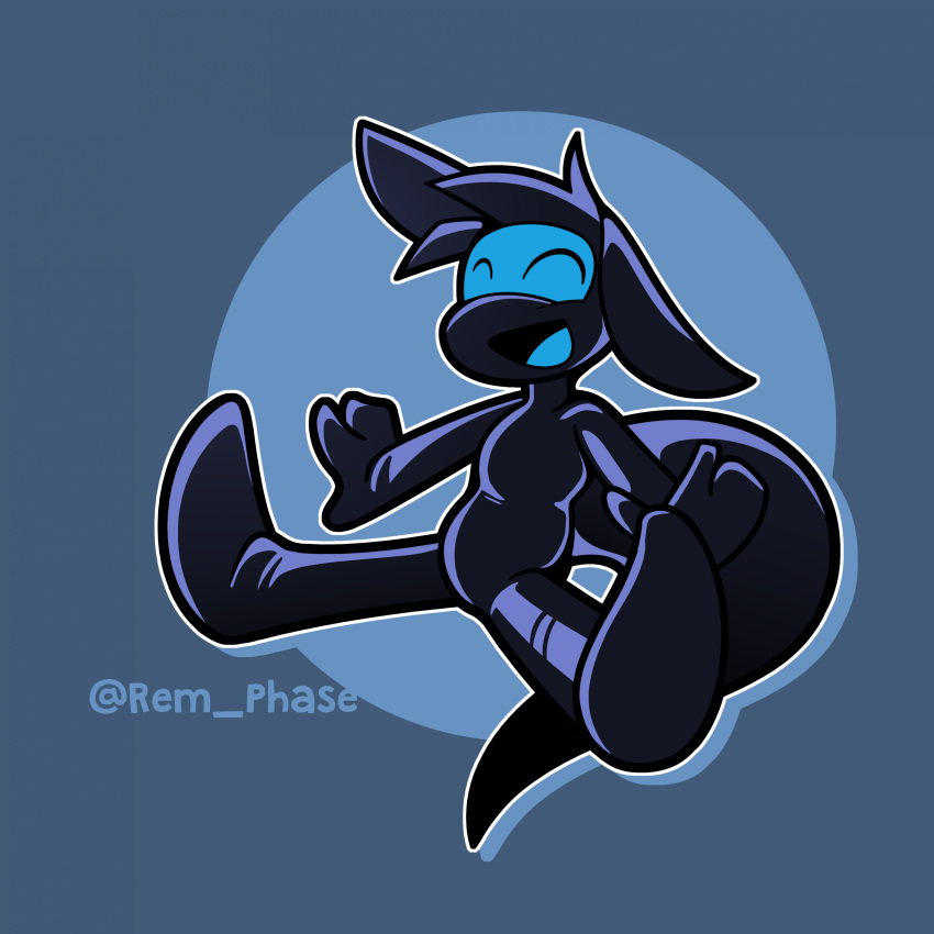 1:1 ^_^ absurd_res anthro big_tail black_body blue_background closed_eyes drone happy hi_res latex latex_body male nelson_(ikefanboy64) rem_phase signature simple_background smile solo tail twitter_handle unknown_species visor watermark young