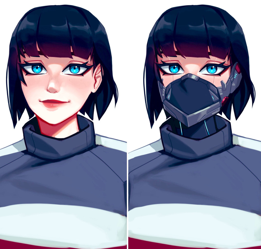 black_hair blue_eyes blunt_bangs commission cyberpunk female highres lips looking_at_viewer mask mouth_mask multiple_views qtori real_life second-party_source short_hair smile suzi_hunter upper_body