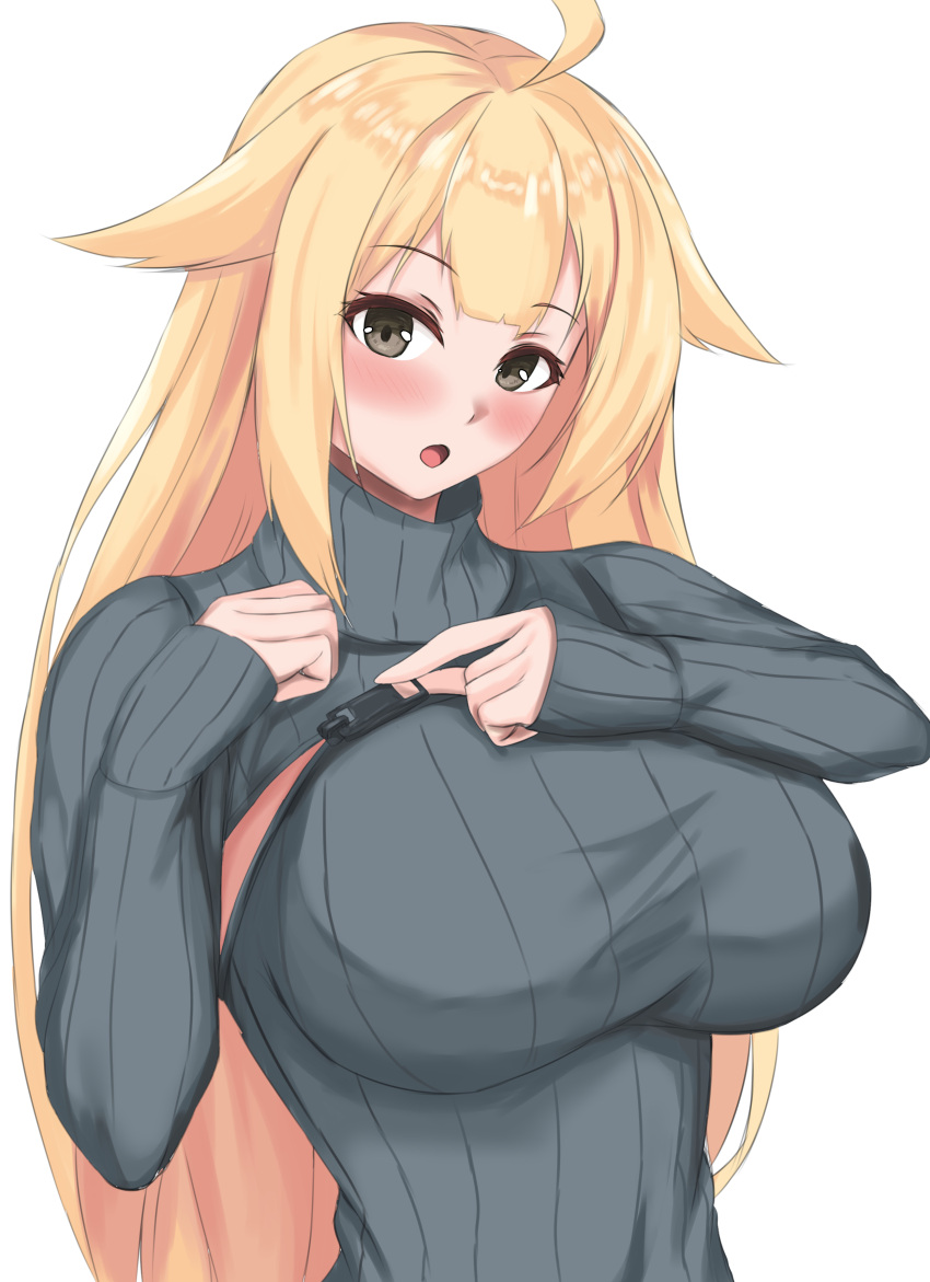 absurdres ahoge blonde_hair blush breasts brown_eyes female girls'_frontline grey_sweater hair_flaps highres korean_commentary large_breasts long_hair long_sleeves looking_at_viewer m1918_(girls'_frontline) open_mouth ribbed_sweater scourer_14 sidelocks simple_background solo sweater white_background