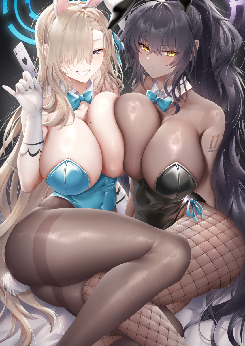 2girls absurdres animal_ears ass asuna_(blue_archive) asuna_(bunny)_(blue_archive) asymmetrical_docking bare_shoulders black_hair black_leotard black_pantyhose blue_archive blue_bow blue_bowtie blue_eyes blue_leotard bow bowtie breast_press breasts card cleavage dark-skinned_female dark_skin detached_collar duplicate expressionless fake_animal_ears fake_tail fishnet_pantyhose fishnets gloves hair_between_eyes hair_over_one_eye halo highres holding huge_breasts karin_(blue_archive) karin_(bunny)_(blue_archive) leotard light_brown_hair long_hair looking_at_viewer mole mole_on_breast multiple_girls official_alternate_costume pantyhose playboy_bunny playing_card rourou_(been) shiny_pantyhose sitting smile strapless strapless_leotard tail thighband_pantyhose very_dark_skin very_long_hair white_gloves yellow_eyes