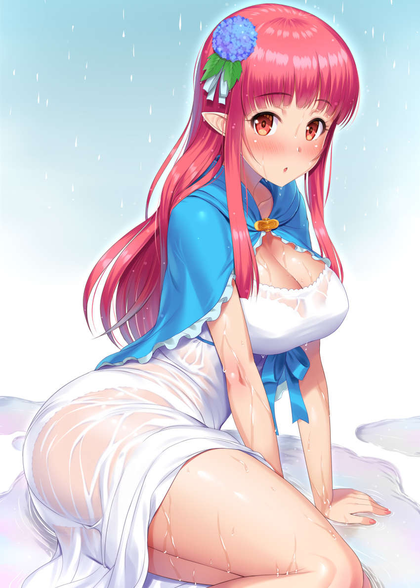 arm_support ass blue_cape blue_ribbon blush breasts cape cleavage commentary_request dress elf female hair_ornament highres kawase_seiki large_breasts legs_together long_hair looking_at_viewer medium_dress open_mouth pink_nails pointy_ears rain rain_(sao) red_eyes red_hair revision ribbon see-through sidelocks simple_background solo straight_hair sword_art_online wet wet_clothes white_dress