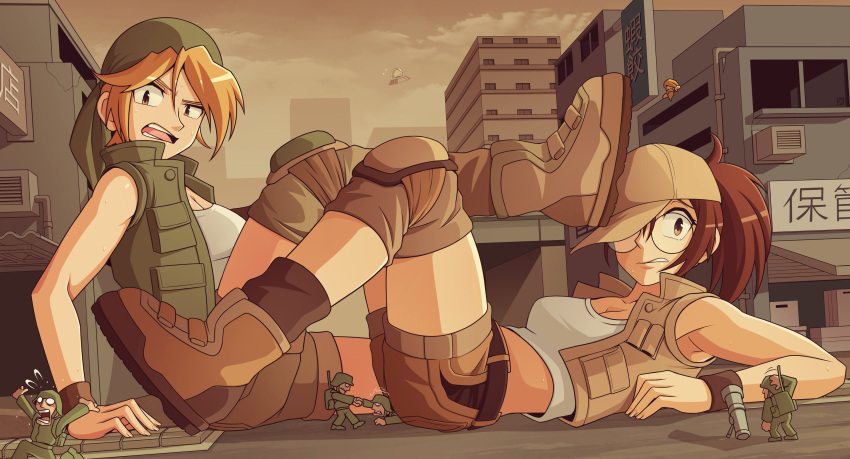 2girls 5boys absurdres alien bandana baseball_cap belt blonde_hair boots breasts brown_belt brown_eyes brown_footwear brown_hair brown_headwear brown_jacket brown_legwear brown_shorts building cleavage cloud commission crop_top fio_germi flying_saucer giant giantess glasses green_bandana green_jacket hat helmet highres hyakutaro_ichimonji jacket kasamoto_eri knee_pads large_breasts long_hair mars_people metal_slug midriff mortar_(weapon) multiple_boys multiple_girls open_clothes open_jacket open_mouth outdoors ponytail round_eyewear shorts sky sleeveless sleeveless_jacket socks soldier spacecraft tank_top thunderafterdark ufo weapon white_tank_top yellow_eyes