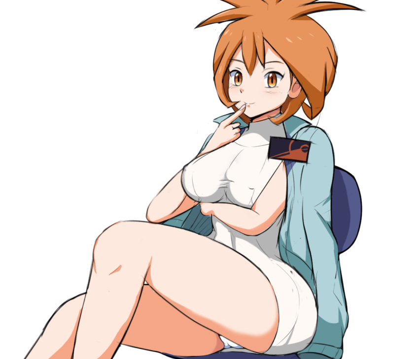 arm_under_breasts brigette_(pokemon) chair dress female finger_to_mouth highres index_finger_raised jacket jacket_on_shoulders kaimu_(qewcon) looking_at_viewer on_chair orange_eyes orange_hair panties pantyshot pokemon pokemon_(game) pokemon_bank short_hair sitting sleeveless sleeveless_dress smile solo underwear white_background white_panties