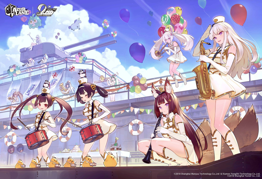 6+girls :d absurdres aiguillette akashi_(azur_lane) alternate_costume alto_saxophone amagi_(azur_lane) animal_ears anniversary azur_lane balloon banner bare_shoulders belfast_(azur_lane) bird blue_sky boots breasts brown_hair cake cannon chapayev_(azur_lane) chick clarinet closed_eyes cloud commentary day dress drum elbow_gloves english_commentary enterprise_(azur_lane) flying_sweatdrops food fox_ears fox_girl fox_tail gloves gold_trim hair_rings highres instrument jean_bart_(azur_lane) knee_boots laffey_(azur_lane) large_breasts lifebuoy littorio_(azur_lane) long_hair looking_at_viewer manjuu_(azur_lane) military military_vehicle multiple_girls multiple_tails music ning_hai_(azur_lane) official_art open_mouth outdoors panda ping_hai_(azur_lane) playing_instrument prinz_eugen_(azur_lane) purple_eyes purple_hair rabbit_ears railing red_eyes saint-louis_(azur_lane) salute saxophone second-party_source ship sky sleeveless sleeveless_dress smile smoking_pipe squatting standing stuffed_winged_unicorn swim_ring table tail thighs tiara timbougami trombone trumpet turret twintails u-556_(azur_lane) u-81_(azur_lane) very_long_hair watercraft watermark white_dress white_footwear white_gloves white_hair white_headwear white_uniform