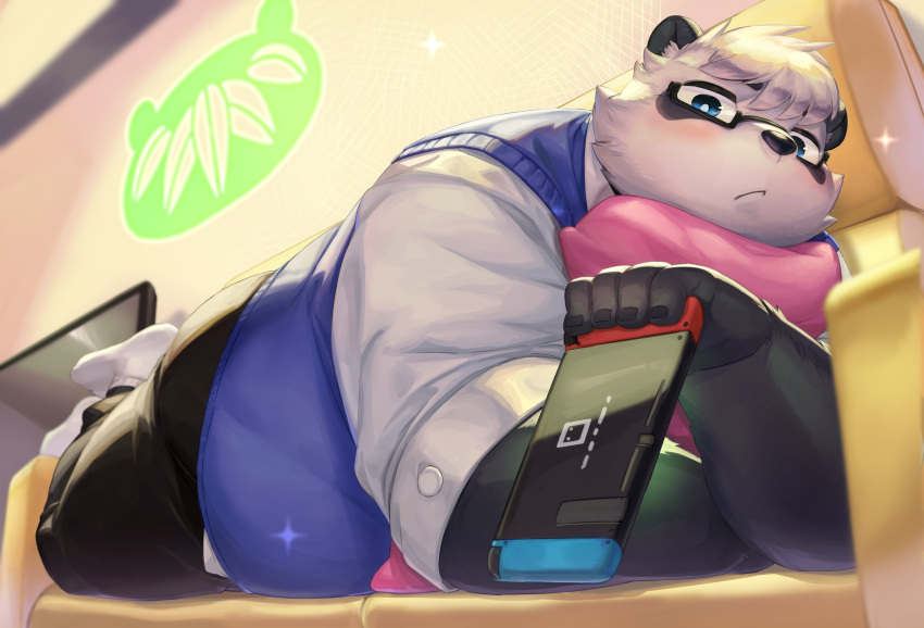 2023 absurd_res anthro bear belly big_belly black_body black_nose blush bottomwear clothing detailed_background electronics eyewear furniture giant_panda glasses hi_res inside kemono male mammal nintendo nintendo_switch nion overweight overweight_male pants sasayama_akira shirt sofa solo television topwear vtuber white_body