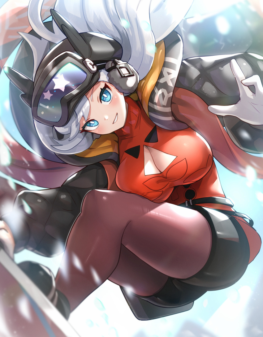 black_hat blue_eyes breasts bright_pupils cleavage cleavage_cutout clothing_cutout commentary dragalia_lost earmuffs female gloves goggles goggles_on_headwear gonzarez hat highres ilia_(dragalia_lost) large_breasts long_hair looking_at_viewer pantyhose red_pantyhose short_shorts shorts smile snowboarding solo sweater turtleneck turtleneck_sweater white_gloves white_hair white_pupils