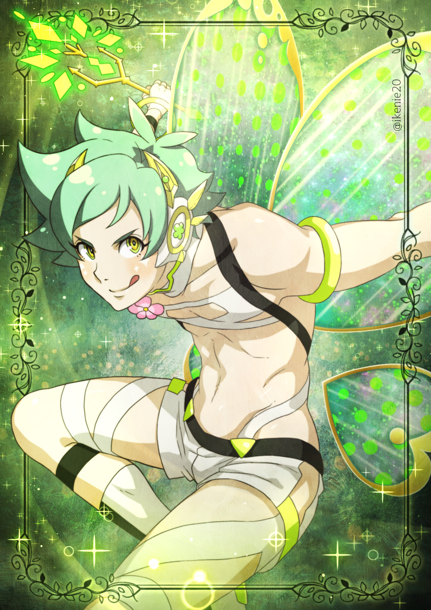 1boy absurdres armlet artist_name bad_proportions fairy_ranmaru:anata_no_kokoro_otasuke_shimasu fairy_wings flower green_hair hair_ornament highres holding holding_weapon ikenie18 licking_lips looking_at_viewer male_focus matsuoka_jyuka navel short_hair short_shorts shorts tongue tongue_out weapon white_shorts wings yellow_eyes