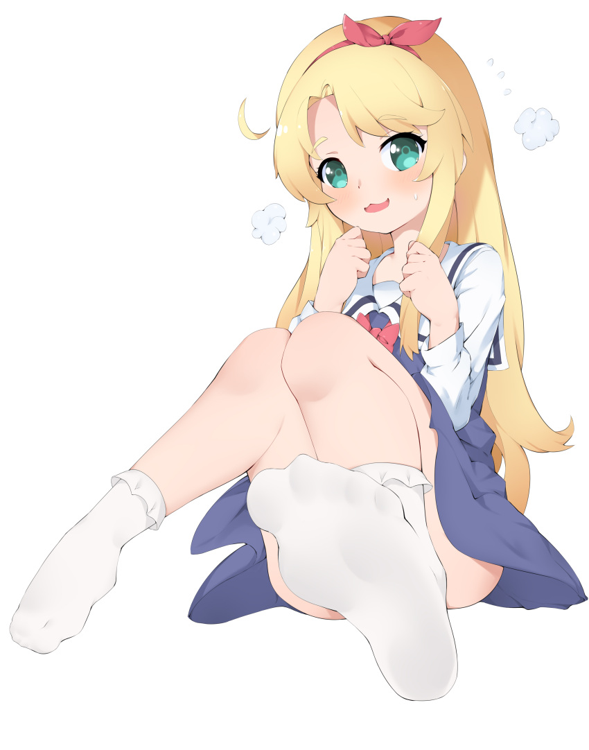 absurdres bare_legs blonde_hair blush chashuwu feet female foot_focus frilled_socks frills green_eyes hair_ribbon highres himesaka_noa knees_together_feet_apart legs long_hair looking_at_viewer no_shoes open_mouth ribbon simple_background socks soles solo toes watashi_ni_tenshi_ga_maiorita! white_background white_socks