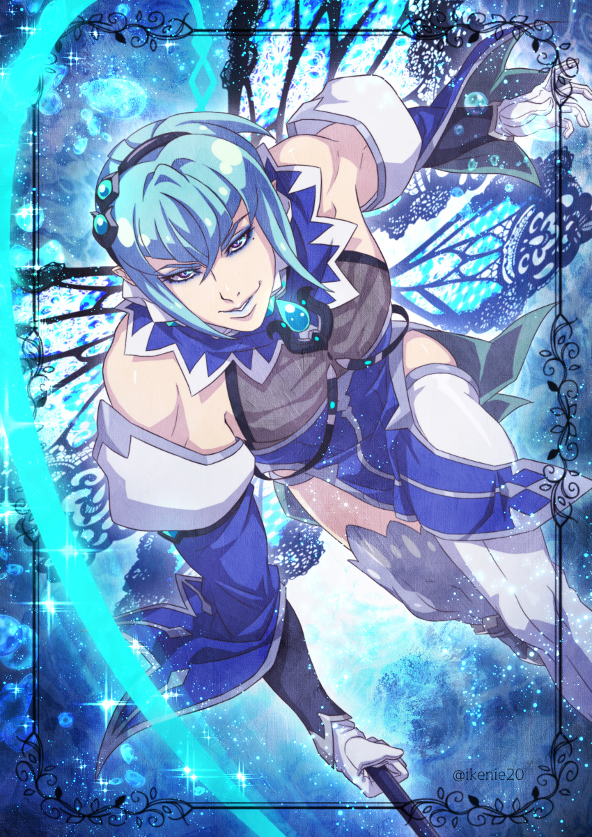 1boy absurdres blue_background blue_hair blue_lips brooch eyeshadow fairy_ranmaru:anata_no_kokoro_otasuke_shimasu gloves hair_ornament highres holding holding_weapon ikenie18 jewelry looking_at_viewer makeup male_focus mole mole_under_eye pointy_ears purple_eyes seiren_uruu short_hair sidelocks solo thighhighs weapon white_gloves white_thighhighs wings