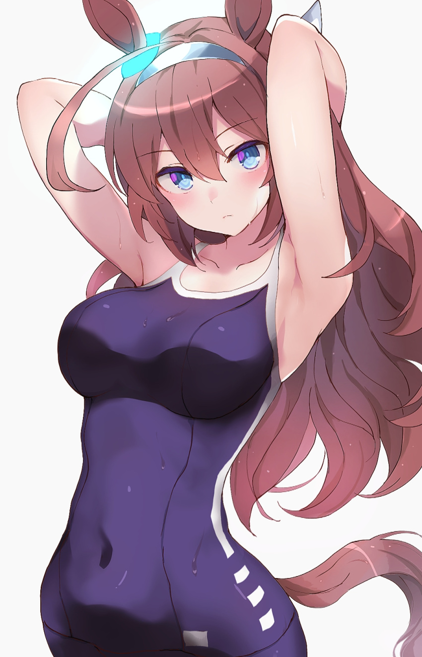 ahoge animal_ears armpits arms_behind_head arms_up bare_shoulders blue_one-piece_swimsuit blush breasts brown_hair closed_mouth collarbone covered_navel female grey_hairband hairband highres hone_kawa horse_ears horse_girl horse_tail large_breasts long_hair looking_at_viewer mihono_bourbon_(umamusume) one-piece_swimsuit solo swimsuit tail umamusume wet