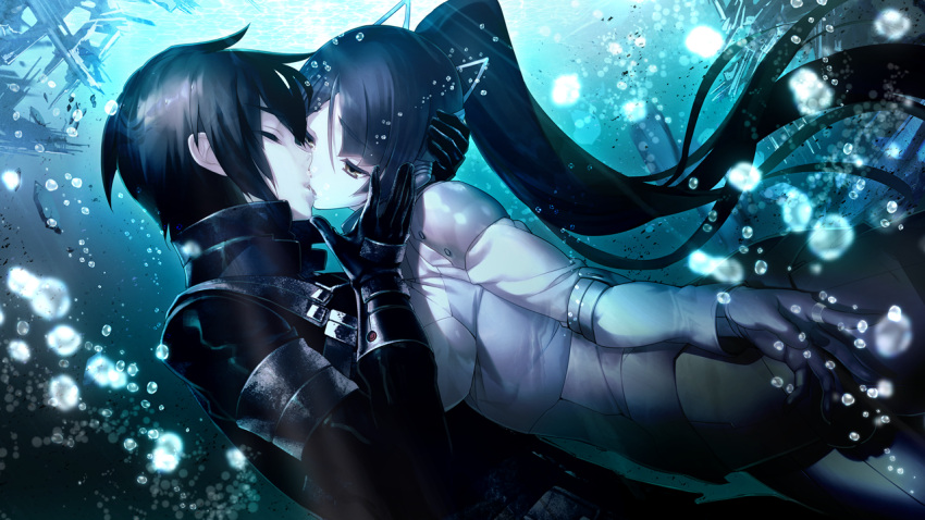 1boy black_coat black_gloves black_hair brown_eyes bubble closed_eyes coat couple female floating_hair game_cg gijou_mitsumi gloves hair_ribbon half-closed_eyes jewelry kissing long_hair nagaoka_souun oosaki_shin'ya ribbon ring short_hair straight tokyo_necro underwater very_long_hair white_ribbon