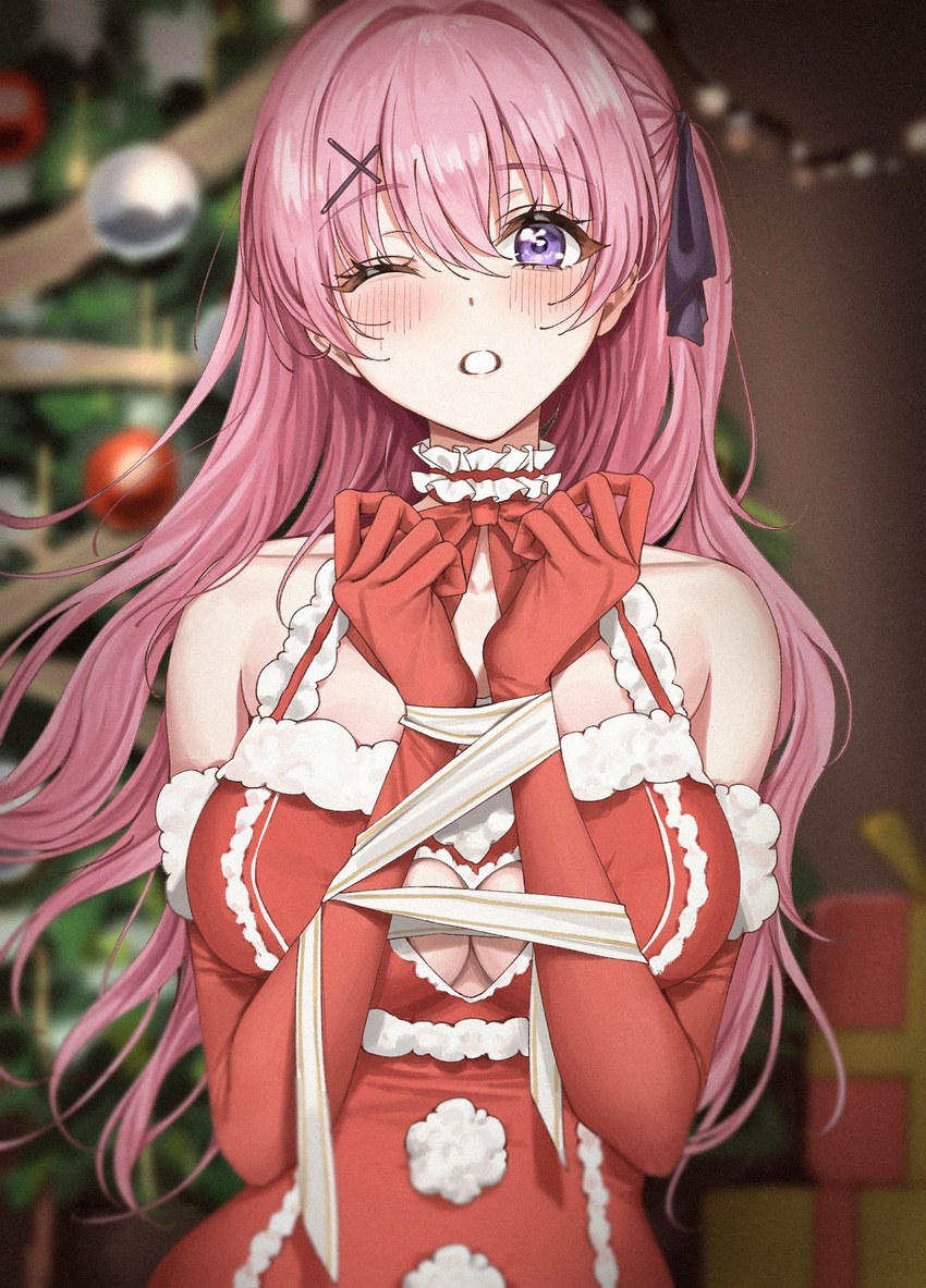 alternate_costume amatoku_yua amyu_(amm_asl_pa) asymmetrical_hair black_ribbon blush bound bound_wrists breasts choker christmas christmas_lights christmas_ornaments christmas_tree cleavage cleavage_cutout clothing_cutout commentary dress elbow_gloves etoiles eyelashes female frilled_choker frilled_dress frills gloves hair_intakes hair_ornament hair_ribbon highres long_hair looking_at_viewer md5_mismatch medium_breasts one_eye_closed parted_lips pink_hair pom_pom_(clothes) purple_eyes red_choker red_dress red_gloves resolution_mismatch ribbon side_ponytail sleeveless sleeveless_dress solo source_smaller upper_body virtual_youtuber x_hair_ornament