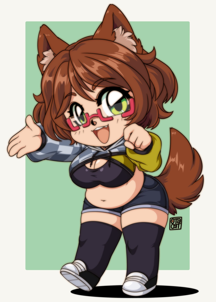 0tacat animal_ear_fluff animal_ears artist_name black_shorts black_thighhighs border breasts brown_hair brown_tail chibi cleavage cleavage_cutout clenched_hand clothing_cutout commission cropped_hoodie dog_girl edie_crop_hoodie female full_body glasses green_background green_eyes hair_between_eyes highres hood hoodie indie_virtual_youtuber large_breasts long_sleeves looking_at_viewer meme_attire midriff mint_castella navel oerba_yun_fang open_hand open_mouth outside_border plump red-framed_eyewear semi-rimless_eyewear shadow shoes shorts simple_background smile solo standing tail thick_thighs thighhighs thighs virtual_youtuber white_border