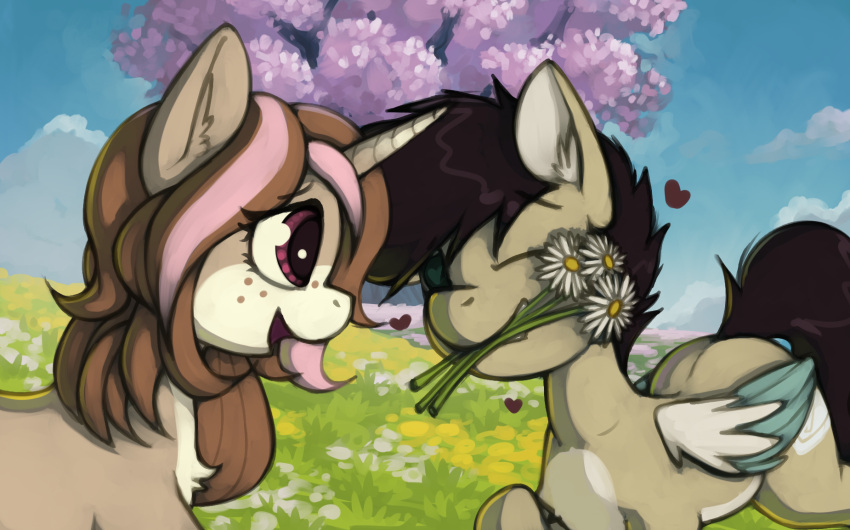 2023 daisybell equid equine female feral flower hasbro hi_res horn horse looking_at_another male male/female mammal marsminer mouth_hold my_little_pony mythological_creature mythological_equine mythology open_mouth outside pegasus plant pone_keith pony smile unicorn wings