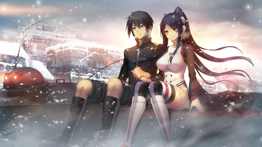 1boy black_hair black_jacket black_legwear black_shorts boots breasts closed_mouth couple female floating_hair game_cg gijou_mitsumi grey_ribbon hair_ribbon holding_hands interlocked_fingers jacket jewelry knee_boots large_breasts long_hair long_sleeves miniskirt nagaoka_souun oosaki_shin'ya outdoors pleated_skirt purple_eyes ribbon ring short_hair shorts sitting skirt smile snow straight thighhighs tokyo_necro very_long_hair white_skirt wide_sleeves yellow_eyes