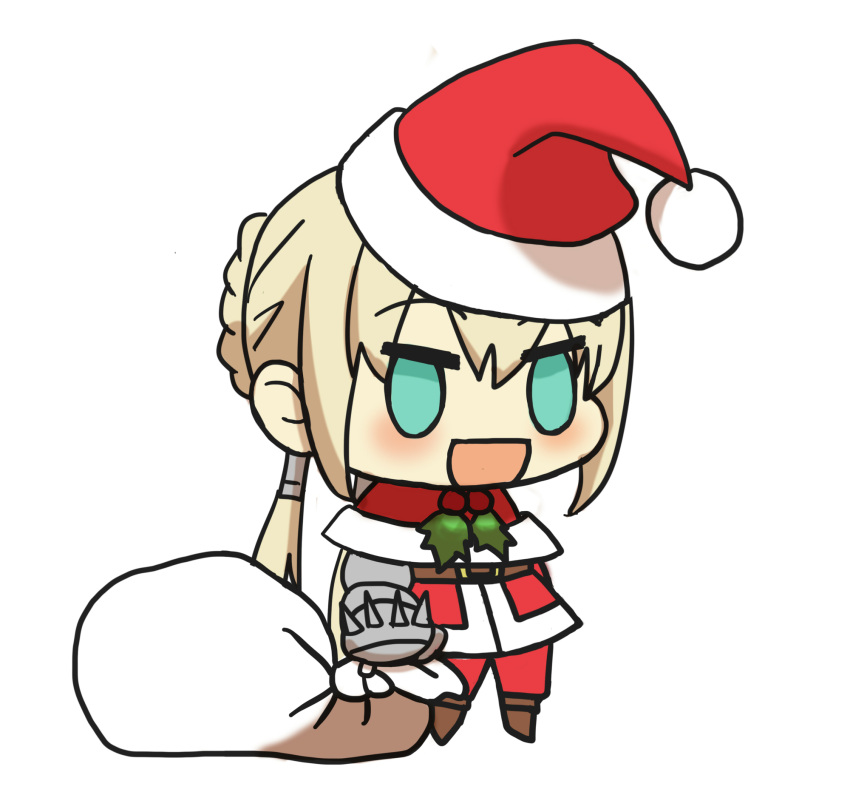 1boy :d alternate_costume bedivere_(fate) blush brown_footwear chibi christmas fate/grand_order fate_(series) fur-trimmed_jacket fur_trim gift_bag green_eyes hat highres holding holding_sack jacket kkeiixxx light_brown_hair long_hair long_sleeves male_focus meme no_pupils padoru_(meme) pants ponytail red_hat red_jacket red_pants sack santa_costume santa_hat smile solo white_background