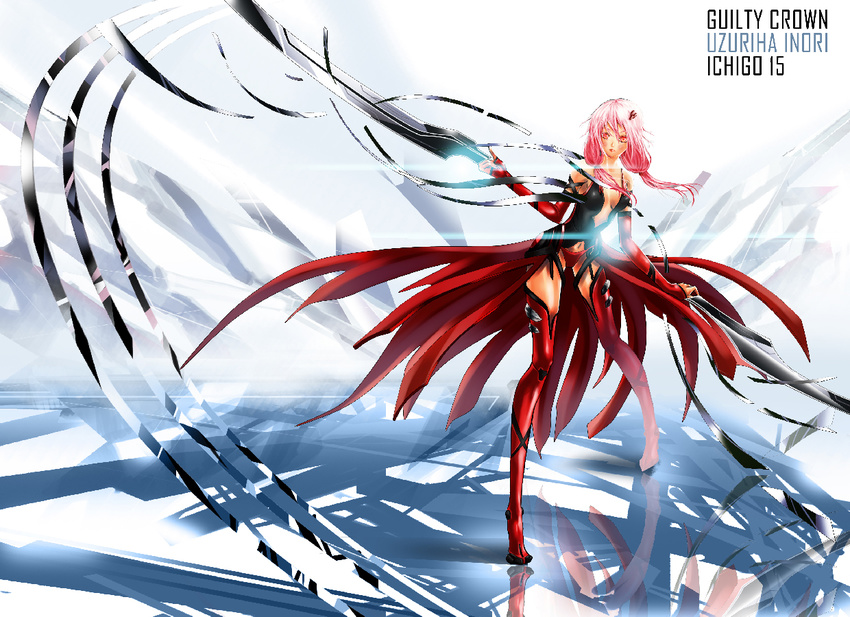 alternate_costume bad_aspect_ratio bare_shoulders breasts center_opening cleavage commentary_request detached_sleeves dual_wielding elbow_gloves female fingerless_gloves gloves guilty_crown hair_ornament hairclip holding long_hair looking_at_viewer navel photoshop_(medium) pink_hair red_eyes solo thighhighs time_(fiftean) twintails void_(guilty_crown) yuzuriha_inori