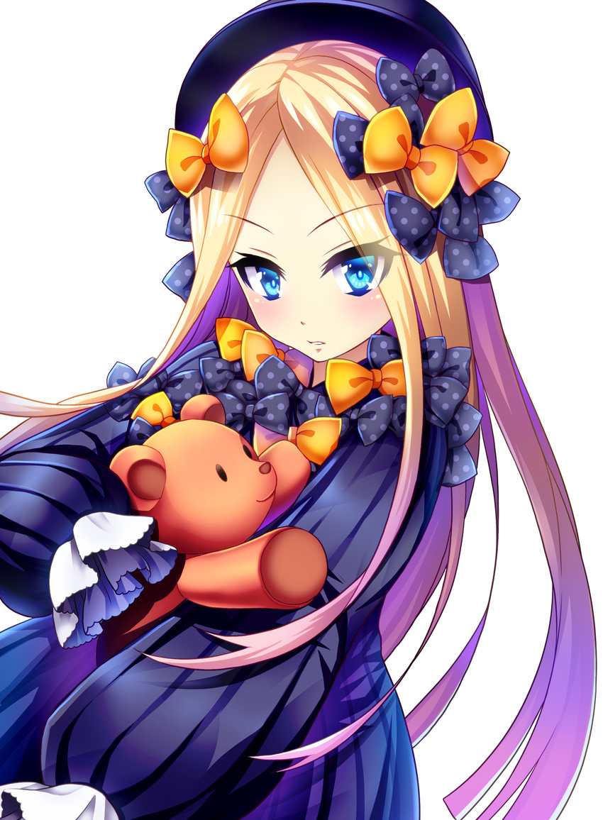 abigail_williams_(fate) absurdres black_bow black_dress black_hat blonde_hair blue_eyes blush bow commentary_request dress edamame_senpai fate/grand_order fate_(series) female forehead hairbow hat highres hugging_object long_hair long_sleeves looking_at_viewer orange_bow parted_bangs parted_lips partial_commentary photoshop_(medium) polka_dot polka_dot_bow simple_background sleeves_past_wrists solo stuffed_animal stuffed_toy teddy_bear v-shaped_eyebrows very_long_hair white_background