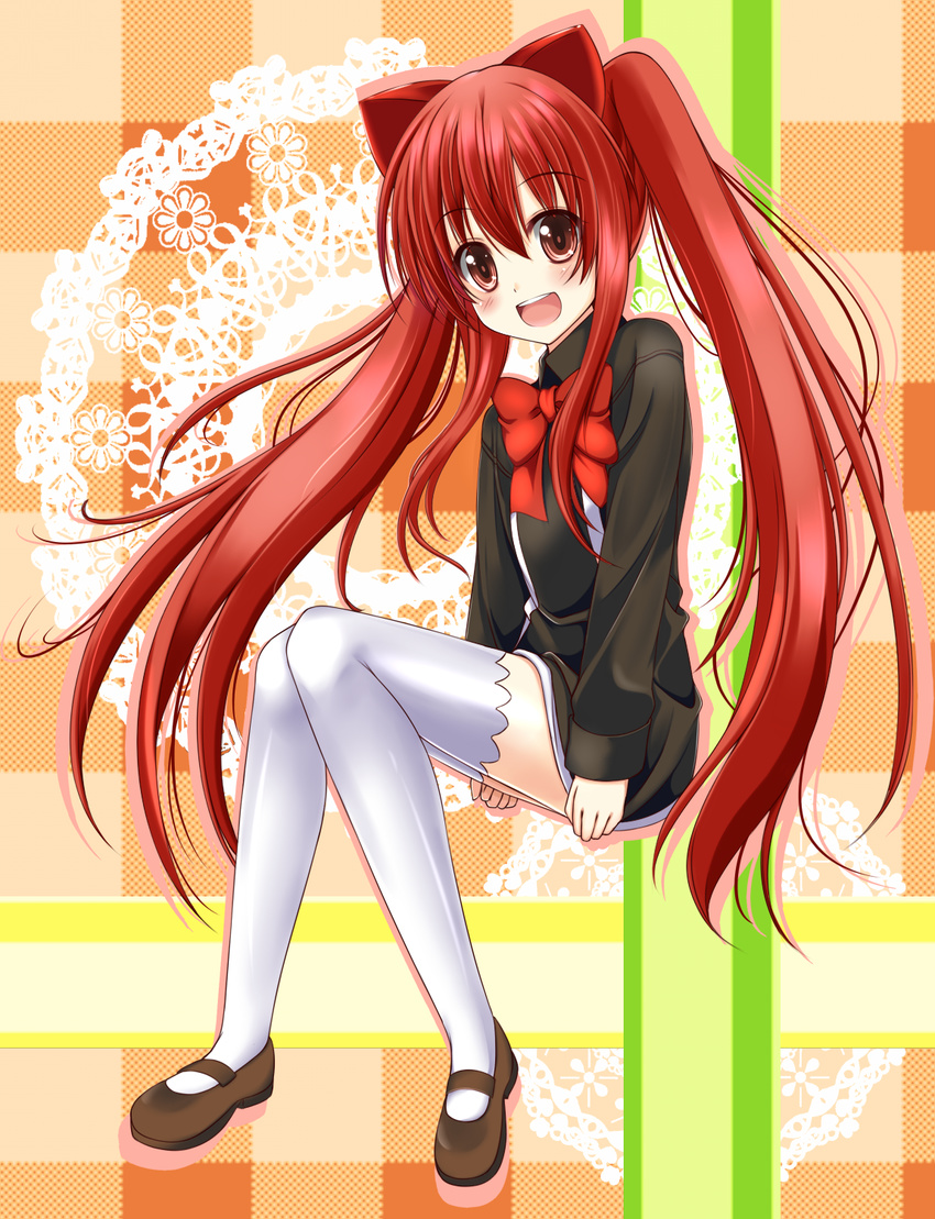 :d aloe_(quiz_magic_academy) commentary_request female highres long_hair looking_at_viewer mary_janes open_mouth quiz_magic_academy red_eyes red_hair school_uniform shoes sitting smile sogaya solo thighhighs twintails very_long_hair white_thighhighs zettai_ryouiki