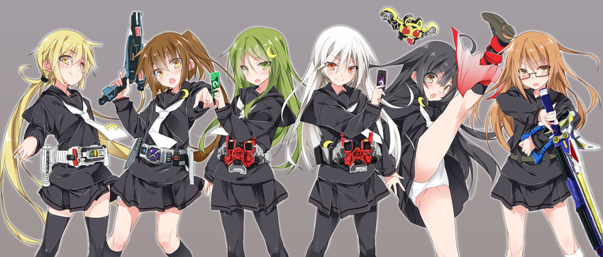 >:) 6+girls :o belt black_hair black_pantyhose black_serafuku black_skirt black_thighhighs blonde_hair blush brown_eyes brown_hair card commentary_request copyright_request crescent crescent_hair_ornament crescent_pin double_driver embarrassed fumizuki_(kancolle) gaia_memory glasses green_eyes green_hair gun hair_between_eyes hair_ornament highres holding holding_card holding_sword holding_weapon kamen_rider kamen_rider_555 kamen_rider_den-o_(series) kamen_rider_kiva_(series) kamen_rider_w kantai_collection kicking kikuzuki_(kancolle) kivat-bat_iii kneehighs leg_up loafers long_hair long_sleeves looking_at_viewer lost_driver low_twintails mikazuki_(kancolle) mochizuki_(kancolle) monster mtu_(orewamuzituda) multiple_girls nagatsuki_(kancolle) neckerchief necktie open_mouth panties pantyhose pantyshot parody photoshop_(medium) pleated_skirt pointing pointing_at_viewer ponytail red_eyes rider_belt satsuki_(kancolle) school_uniform serafuku shoes skirt smile socks standing standing_on_one_leg super_sentai sword thighhighs thighs twintails underwear uniform v-shaped_eyebrows very_long_hair weapon white_hair white_legwear white_necktie white_panties wings yellow_eyes zyuden_sentai_kyoryuger