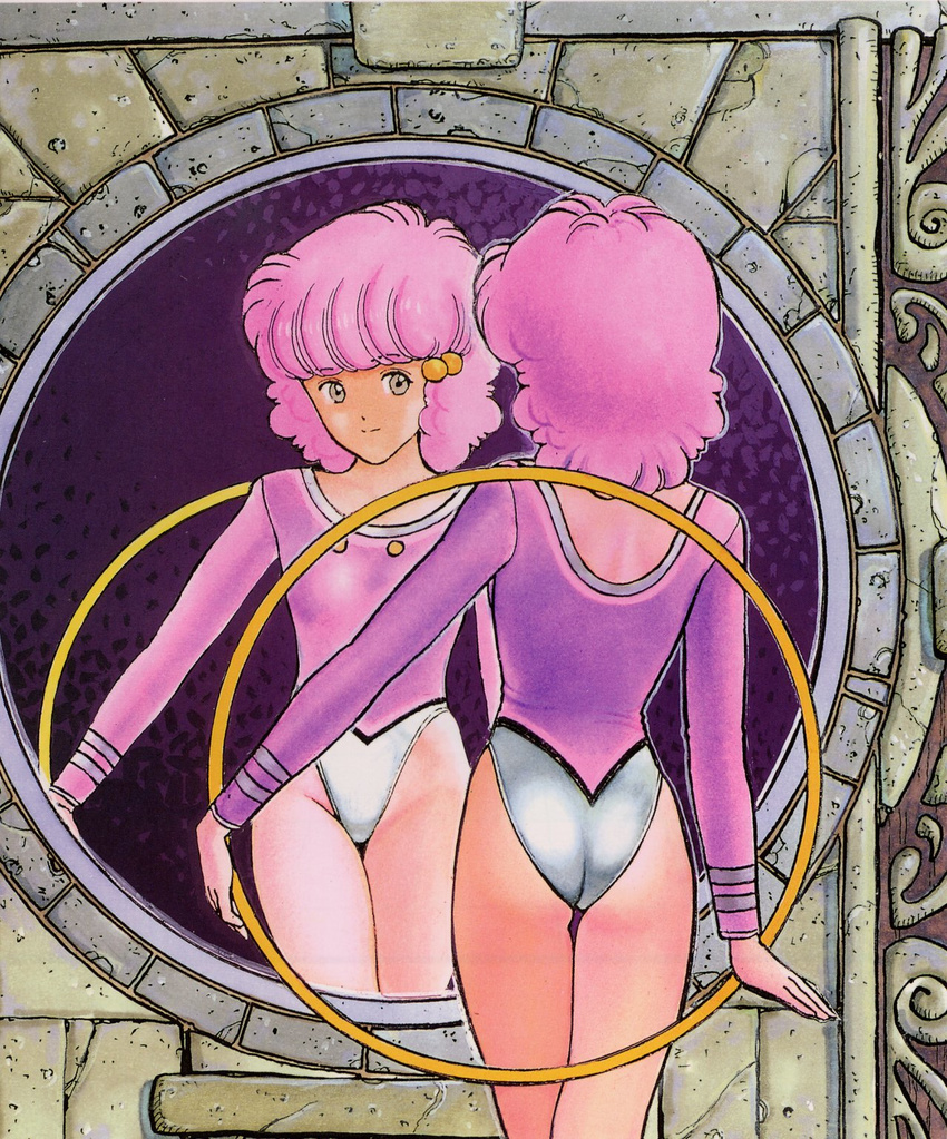 1980s_(style) ass athletic_leotard back cowboy_shot female from_behind hair_bobbles hair_ornament highres holding hoop hula_hoop katsura_masakazu leotard light_smile long_sleeves mirror ogawa_miku pink_hair reflection retro_artstyle short_hair smile solo wingman