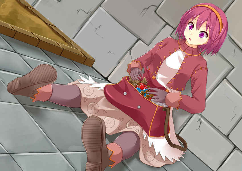 bag brown_hair commentary_request female gloves hairband kurohachiboku merchant_(ragnarok_online) pantyhose potion purple_eyes ragnarok_online shoes short_hair sitting solo