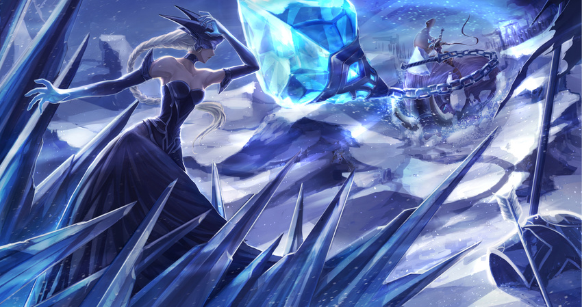 2girls arrow_(projectile) artoria_(3001005) bare_shoulders black_dress black_gloves blue_sky blue_theme boar braid bristle choker commentary_request dress gloves helmet highres ice league_of_legends lissandra_(league_of_legends) multiple_girls outdoors ponytail riding riding_boar sejuani sky standing whip white_hair