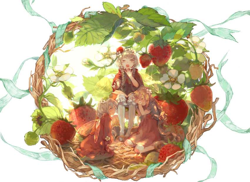 3girls bad_id bad_pixiv_id blonde_hair bloomers book braid brown_eyes brown_hair capelet closed_eyes dress fairy fairy_wings flower food fruit highres hood long_hair long_sleeves mini_person minigirl multiple_girls open_mouth original pantyhose short_hair silver_hair sitting sleepy smile strawberry striped_clothes striped_pantyhose thighhighs twin_braids underwear vertical-striped_clothes vertical-striped_pantyhose wakatsuki_(etoiles) white_background wings yawning