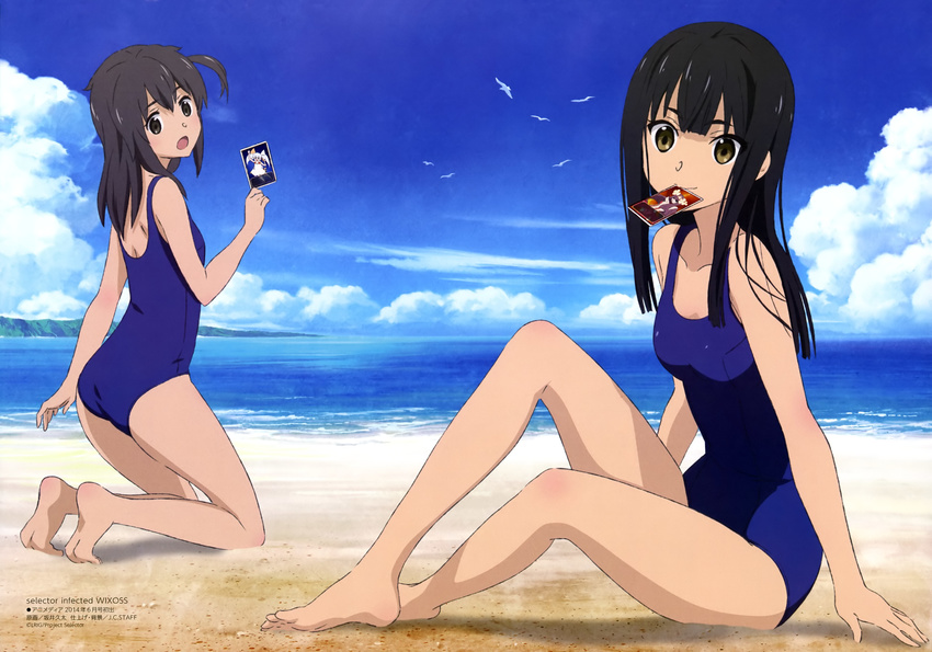 2girls absurdres barefoot beach black_hair brown_eyes card cloud day detexted feet hanayo_(wixoss) highres imageboard_desourced kominato_ruuko kurebayashi_yuzuki legs long_hair long_legs mouth_hold multiple_girls non-web_source ocean official_art one-piece_swimsuit outdoors sakai_kyuuta school_swimsuit selector_wixoss sky swimsuit tama_(wixoss) third-party_edit water wixoss